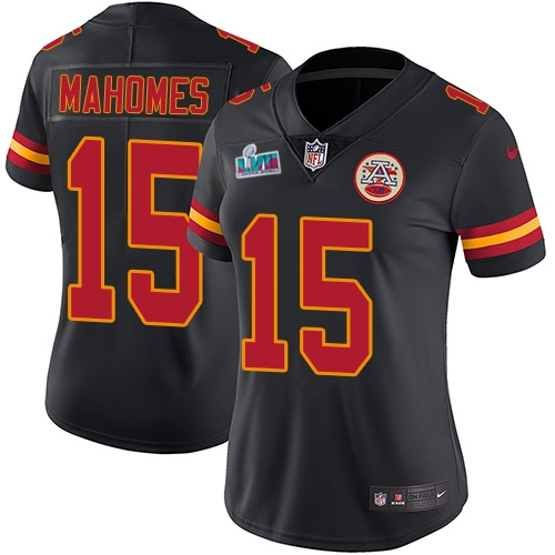 Chiefs #15 Patrick Mahomes Black Super Bowl LVII Patch Women's Stitched Limited Rush Jersey