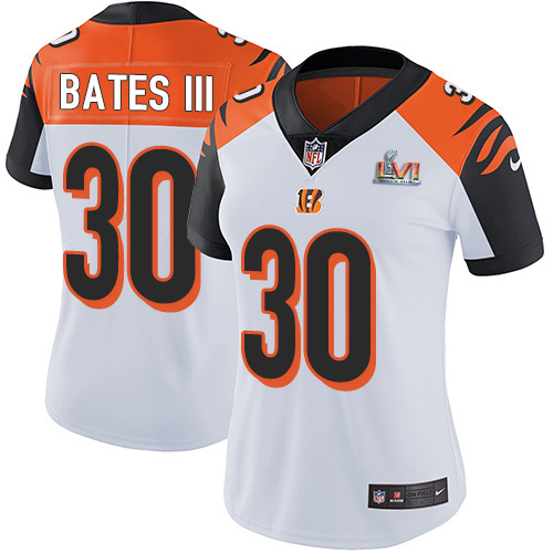 Bengals #30 Jessie Bates III White Super Bowl LVI Patch Women's Stitched Vapor Untouchable Limited Jersey