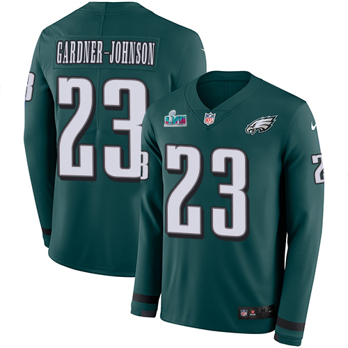 Eagles #23 C.J. Gardner-Johnson Green Team Color Super Bowl LVII Patch Youth Stitched Limited Therma Long Sleeve Jersey
