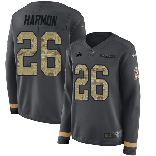 Detroit Lions #26 Duron Harmon Anthracite Salute to Service Women's Stitched Limited Therma Long Sleeve Jersey Womens