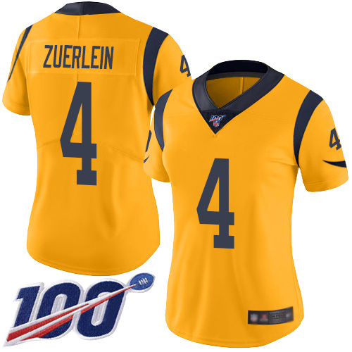 Los Angeles Rams #4 Greg Zuerlein Gold Women's Stitched Limited Rush 100th Season Jersey Womens