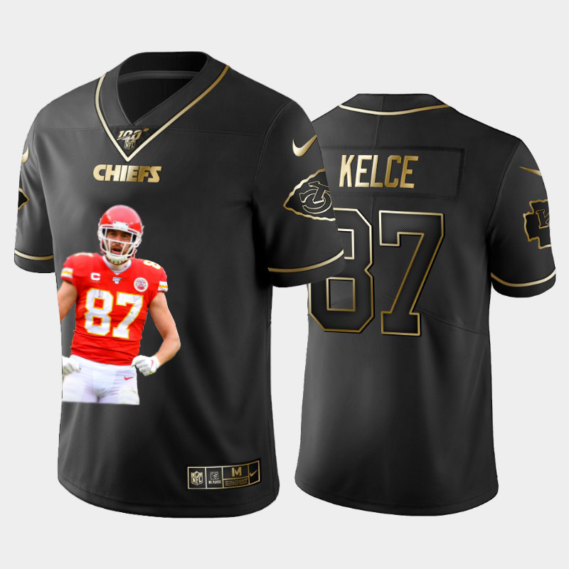 Kansas City Chiefs #87 Travis Kelce Team Hero 7 Vapor Limited 100 Jersey Black Golden