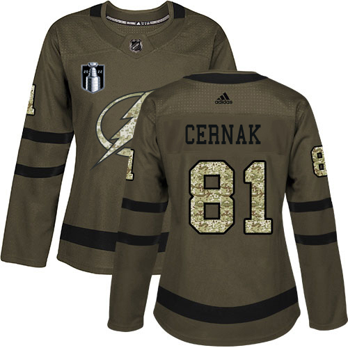 Adidas Tampa Bay Lightning #81 Erik Cernak Green 2022 Stanley Cup Final Patch Women's Salute to Service Stitched Jersey Womens