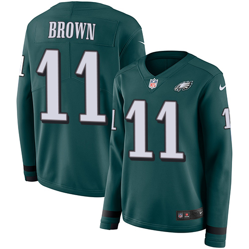 Eagles #11 A.J. Brown Green Team Color Women's Stitched Limited Therma Long Sleeve Jersey