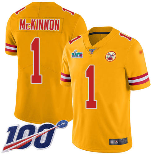 Chiefs #1 Jerick McKinnon Gold Super Bowl LVII Patch Men's Stitched Limited Inverted Legend 100th Season Jersey