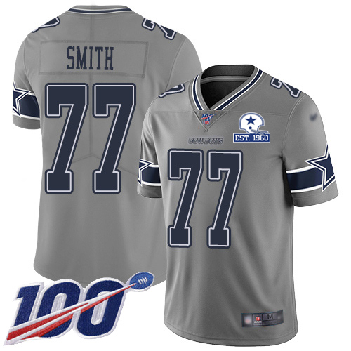 Dallas Cowboys #77 Tyron Smith Gray Men's Stitched With Established In 1960 Patch Limited Inverted Legend 100th Season Jersey Men's