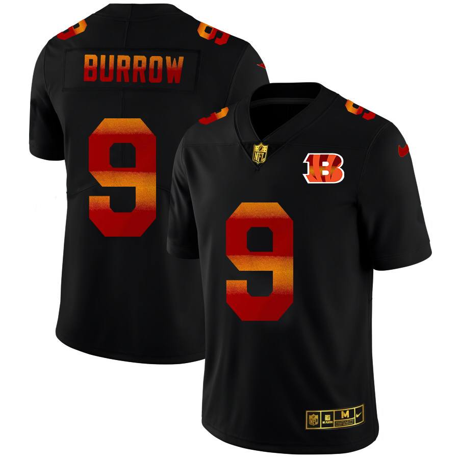 Cincinnati Bengals #9 Joe Burrow Men's Black Red Orange Stripe Vapor Limited Jersey