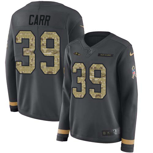 Baltimore Ravens #39 Brandon Carr Anthracite Salute to Service Women's Stitched Limited Therma Long Sleeve Jersey Womens
