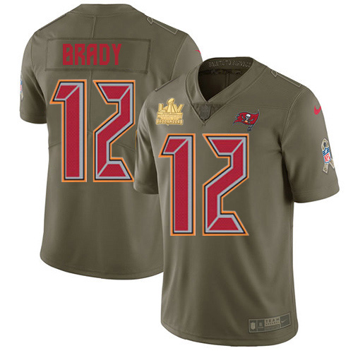 Buccaneers #12 Tom Brady Olive Youth Super Bowl LV Champions Patch Stitched Limited 2017 Salute To Service Jersey