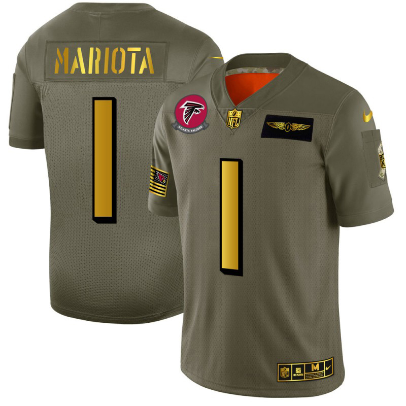 Atlanta Falcons #1 Marcus Mariota Youth Olive Gold 2019 Salute To Service Limited Jersey