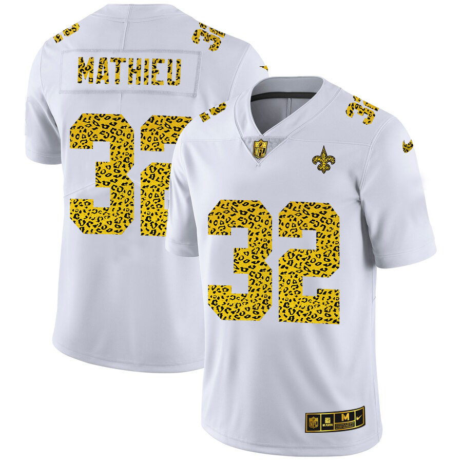 New Orleans Saints #32 Tyrann Mathieu Men's Flocked Leopard Print Vapor Limited Jersey White