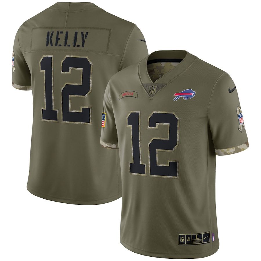 Buffalo Bills #12 Jim Kelly Men's 2022 Salute To Service Limited Jersey - Olive