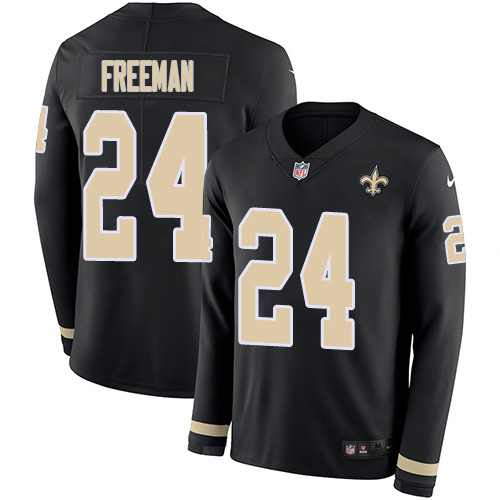 New Orleans Saints #24 Devonta Freeman Black Team Color Youth Stitched Limited Therma Long Sleeve Jersey Youth