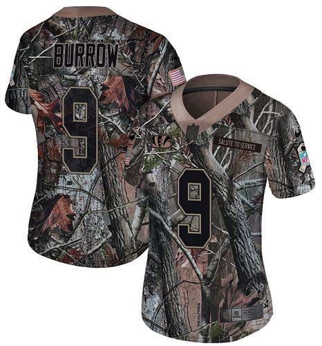 Bengals #9 Joe Burrow Camo Women's Stitched Limited Rush Realtree Jersey