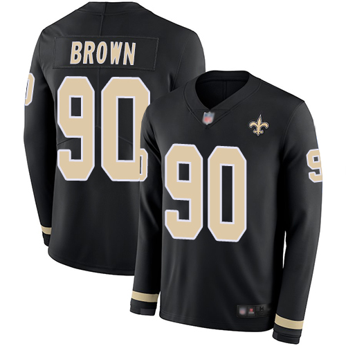 New Orleans Saints #90 Malcom Brown Black Team Color Youth Stitched Limited Therma Long Sleeve Jersey Youth