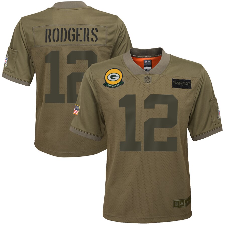 Youth Green Bay Packers #12 Aaron Rodgers Camo 2019 Salute To Service Game Jersey