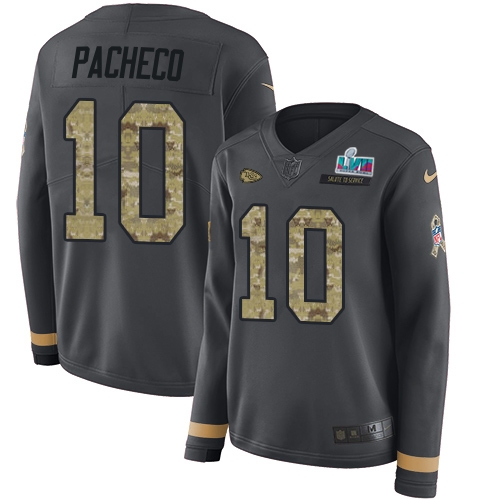 Chiefs #10 Isiah Pacheco Anthracite Salute To Service Super Bowl LVII Patch Women's Stitched Limited Therma Long Sleeve Jersey