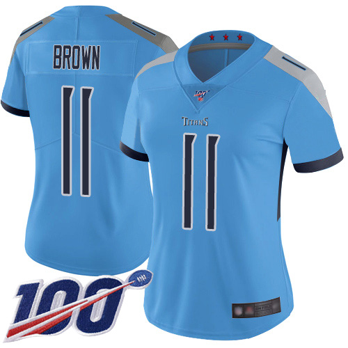 Tennessee Titans #11 A.J. Brown Light Blue Alternate Women's Stitched 100th Season Vapor Limited Jersey Womens