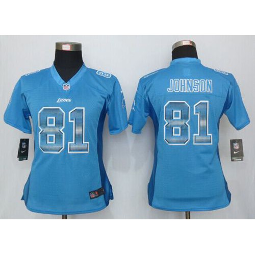 Detroit Lions #81 Calvin Johnson Light Blue Team Color Women's Stitched Elite Strobe Jersey Womens
