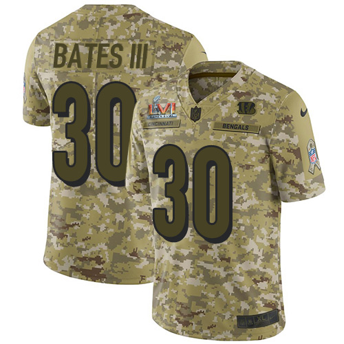 Bengals #30 Jessie Bates Camo Super Bowl LVI Patch Men's Stitched Limited 2018 Salute To Service Jersey