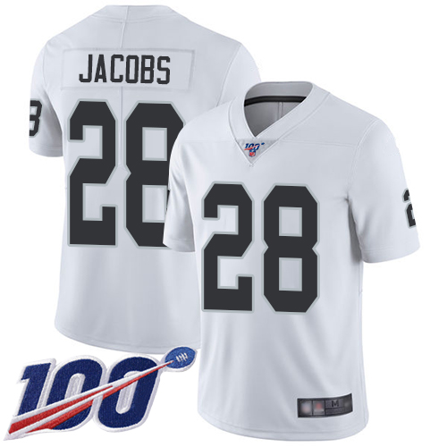 Raiders #28 Josh Jacobs White Men's Stitched 100th Season Vapor Limited Jersey