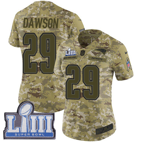 New England Patriots #29 Duke Dawson Camo Super Bowl LIII Bound Women's Stitched Limited 2018 Salute to Service Jersey Womens