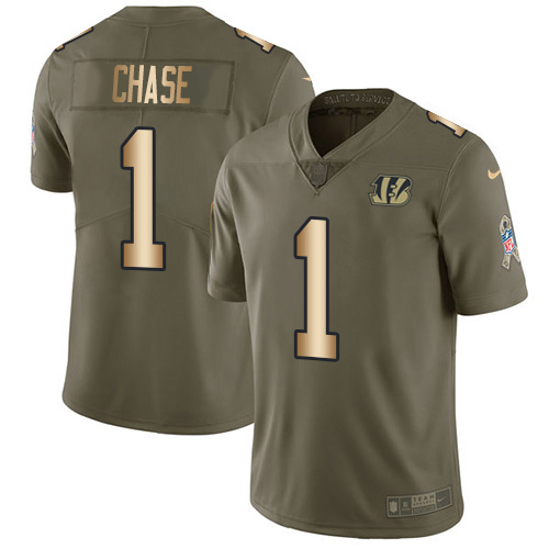 Bengals #1 Ja'Marr Chase Olive/Gold Youth Stitched Limited 2017 Salute To Service Jersey