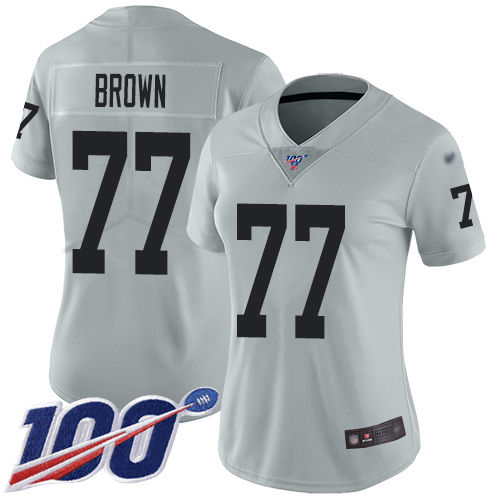 Las Vegas Raiders #77 Trent Brown Silver Women's Stitched Limited Inverted Legend 100th Season Jersey Womens
