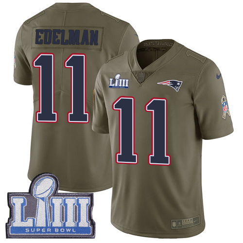 Patriots #11 Julian Edelman Olive Super Bowl LIII Bound Men's Stitched Limited 2017 Salute To Service Jersey
