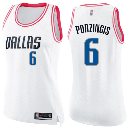 Dallas Mavericks #6 Kristaps Porzingis White/Pink Womens Swingman Fashion Jersey Womens