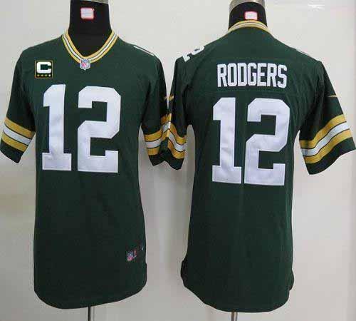 Packers #12 Aaron Rodgers Green Team Color With C Patch Youth Stitched Elite Jersey