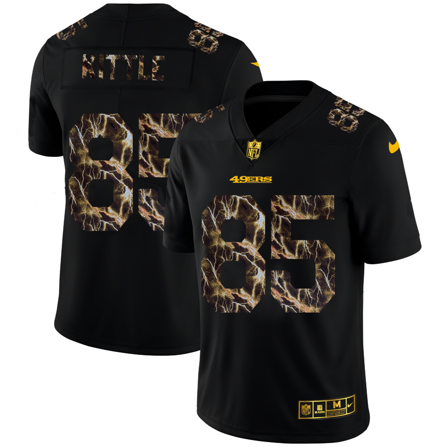 San Francisco 49ers #85 George Kittle Men's Black Flocked Lightning Vapor Limited Jersey