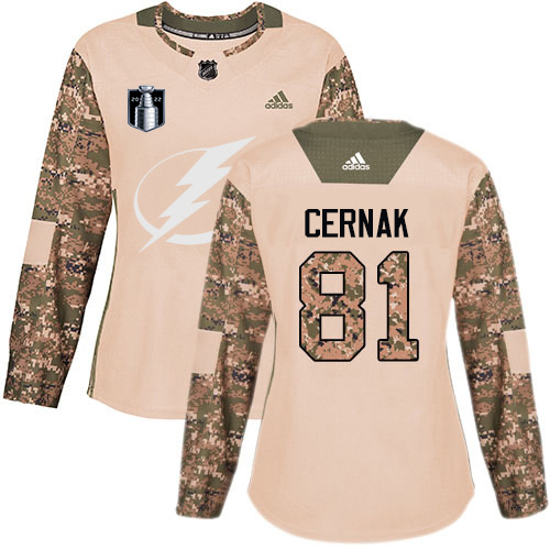 Adidas Tampa Bay Lightning #81 Erik Cernak Camo Authentic 2022 Stanley Cup Final Patch Women's Veterans Day Stitched Jersey Womens