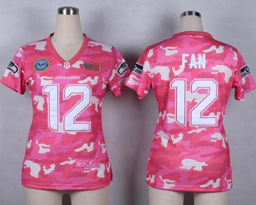 Seahawks #12 Fan Pink Women's Stitched Elite Camo Fashion Jersey