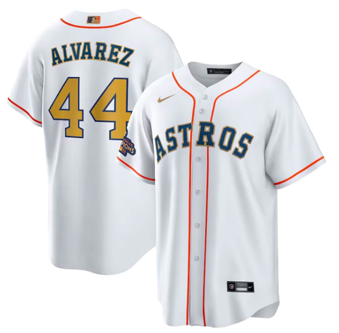Men's Youth Women's Houston Astros #44 Yordan Alvarez White Gold 2023 Gold Collection Replica Player Jersey