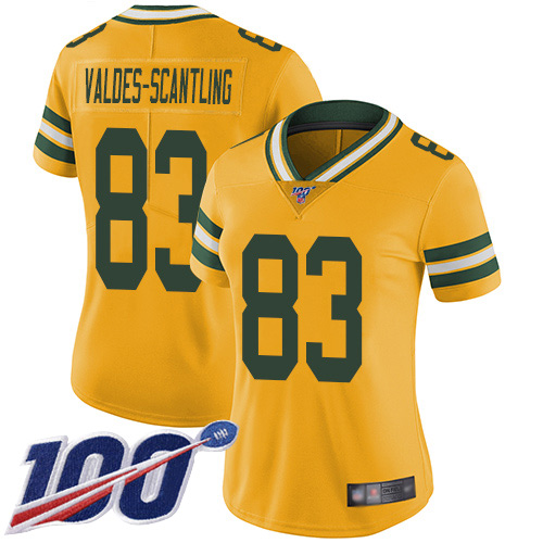 Green Bay Packers #83 Marquez Valdes-Scantling Yellow Women's Stitched Limited Rush 100th Season Jersey Womens