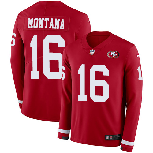 49ers #16 Joe Montana Red Team Color Men's Stitched Limited Therma Long Sleeve Jersey