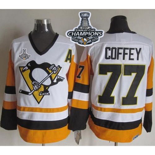 Pittsburgh Penguins #77 Paul Coffey White/Black CCM Throwback 2017 Stanley Cup Finals Champions Stitched Jersey Men's