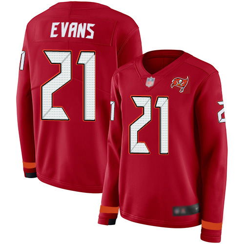 Tampa Bay Buccaneers #21 Justin Evans Red Team Color Women's Stitched Limited Therma Long Sleeve Jersey Womens