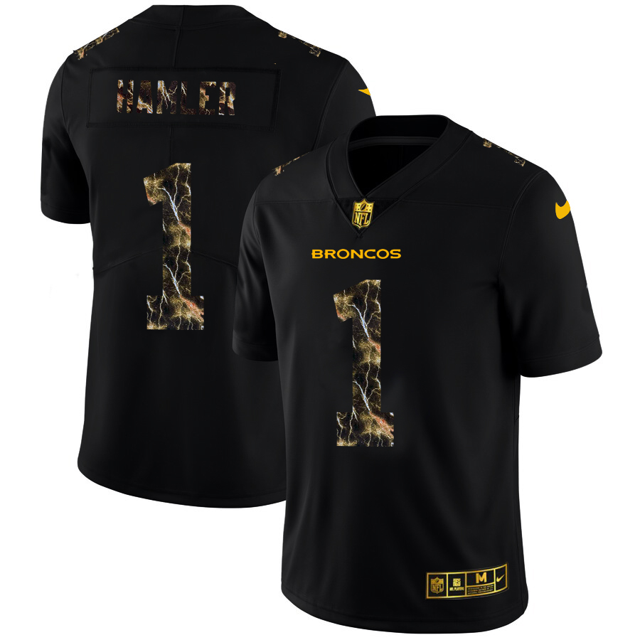 Denver Broncos #1 KJ Hamler Men's Black Flocked Lightning Vapor Limited Jersey
