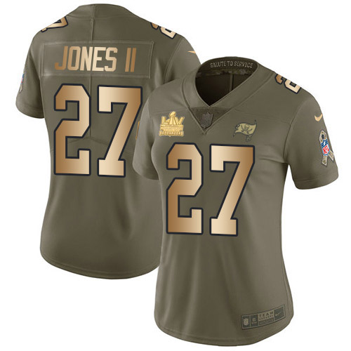 Tampa Bay Buccaneers #27 Ronald Jones II Olive/Gold Women's Super Bowl LV Champions Patch Stitched Limited 2017 Salute To Service Jersey Womens
