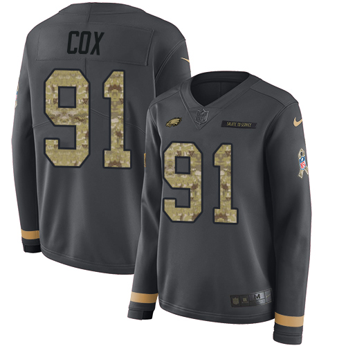 Philadelphia Eagles #91 Fletcher Cox Anthracite Salute to Service Women's Stitched Limited Therma Long Sleeve Jersey Womens