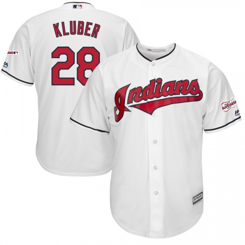 Cleveland Guardians #28 Corey Kluber Majestic Home 2019 All-Star Game Patch Cool Base Player Jersey White Men's