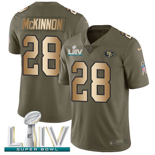 San Francisco 49ers #28 Jerick McKinnon Olive/Gold Super Bowl LIV 2020 Youth Stitched Limited 2017 Salute To Service Jersey Youth