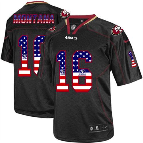 49ers #16 Joe Montana Black Men's Stitched Elite USA Flag Fashion Jersey