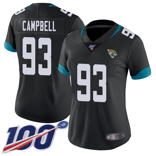 Jacksonville Jaguars #93 Calais Campbell Black Team Color Women's Stitched 100th Season Vapor Limited Jersey Womens