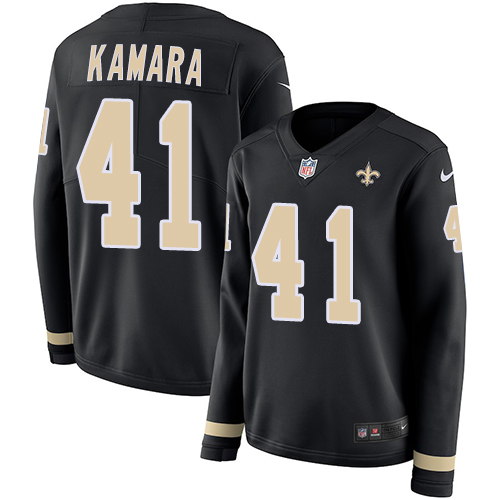Saints #41 Alvin Kamara Black Team Color Women's Stitched Limited Therma Long Sleeve Jersey