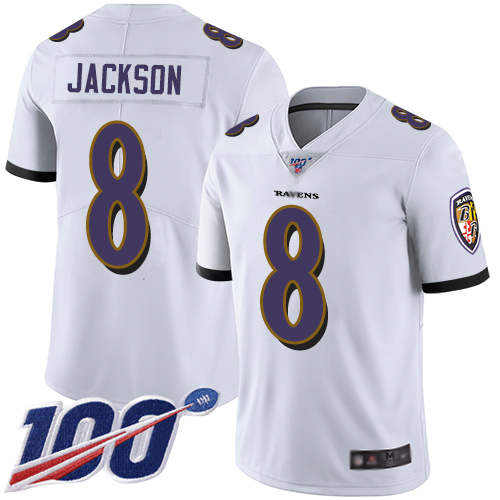 Ravens #8 Lamar Jackson White Youth Stitched 100th Season Vapor Limited Jersey