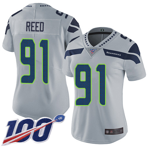 Seattle Seahawks #91 Jarran Reed Grey Alternate Women's Stitched 100th Season Vapor Limited Jersey Womens