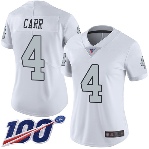 Raiders #4 Derek Carr White Women's Stitched Limited Rush 100th Season Jersey